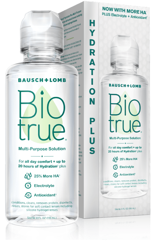 Box and bottle of Biotrue Hydration Plus Contact Lens Solution for dry eyes