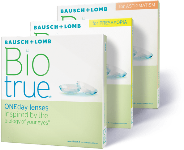 Lineup of Biotrue ONEday daily contact lens boxes