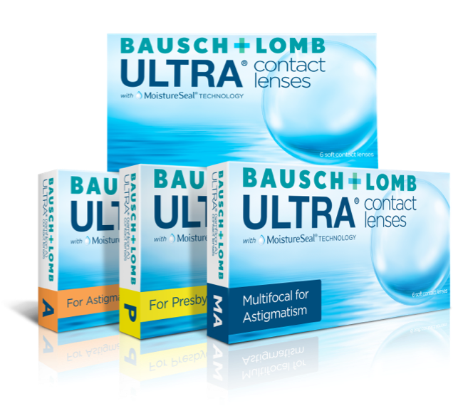 Lineup of ULTRA monthly contact lens boxes