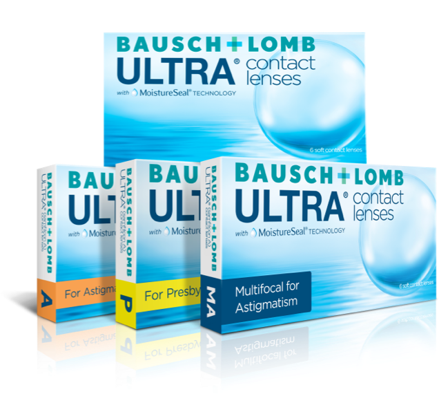 Lineup of ULTRA monthly contact lens boxes