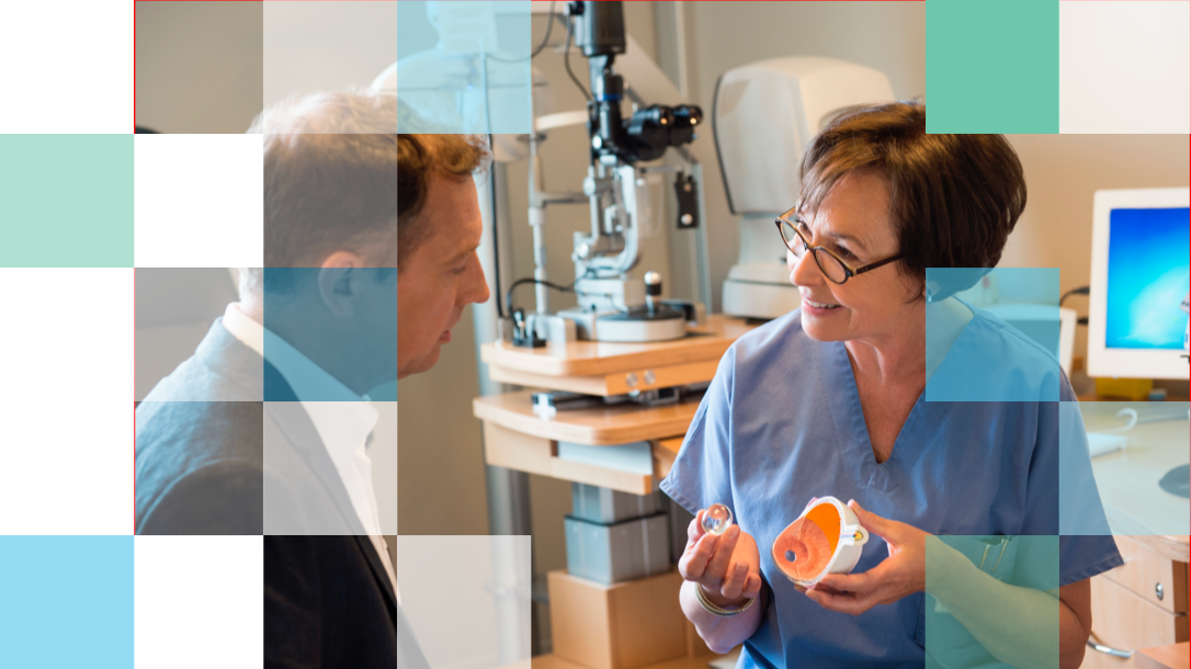 Eye Care Professional holding a three dimensional model of an eye explaining to a patient