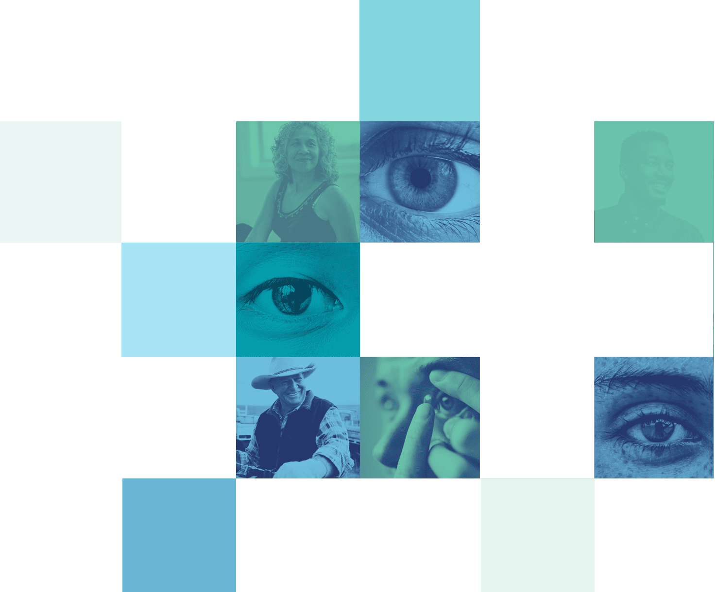 Tile collage of eyes and eye care patients who use Bausch and Lomb eye care products